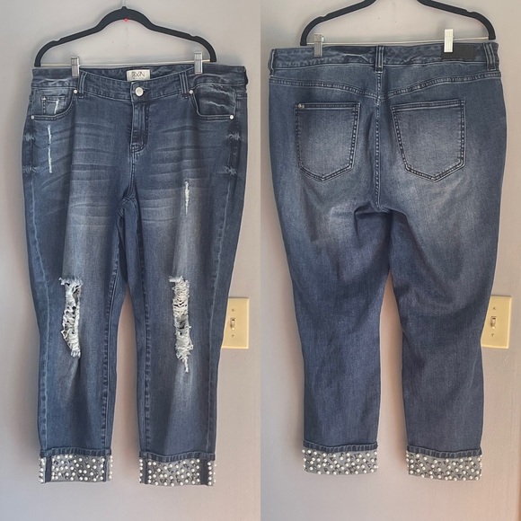 RWN By Rawan Distressed Jeans with Pearl embellished cuff Size 16 - Picture 1 of 3